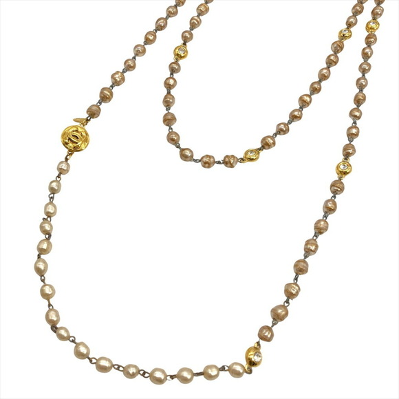 CHANEL Long Necklace Metal Faux Pearl Rhinestone 184cm Baroque Style Wo...